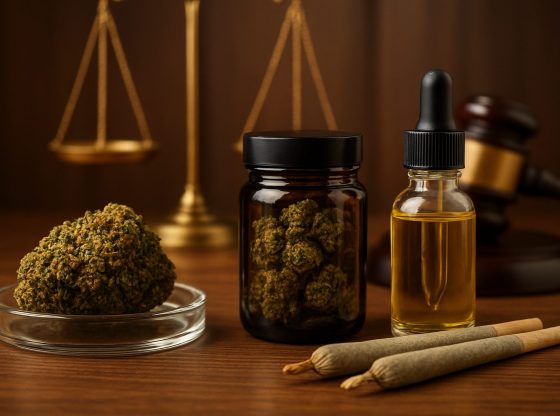 Cannabis products displayed alongside legal symbols like a gavel and scales, representing law and regulation.